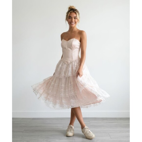 Dresses & Skirts - Vintage FLIRTATIONS 80s Prom Dress M Pink Satin Lace Strapless Union ILGWU USA